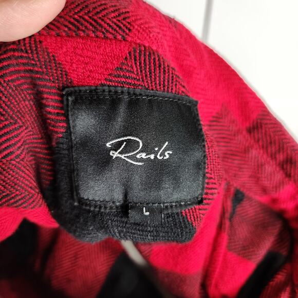 Rails Larsson Plaid Shirt Womens Size Large Crimson Jet Embroidered Frayed - Picture 12 of 16